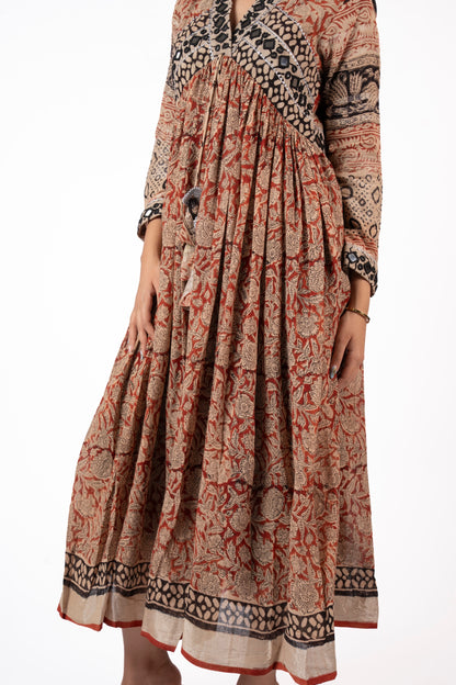 Eternal Blossom – Classic Kalamkari Mirror Work Linen Flared Dress