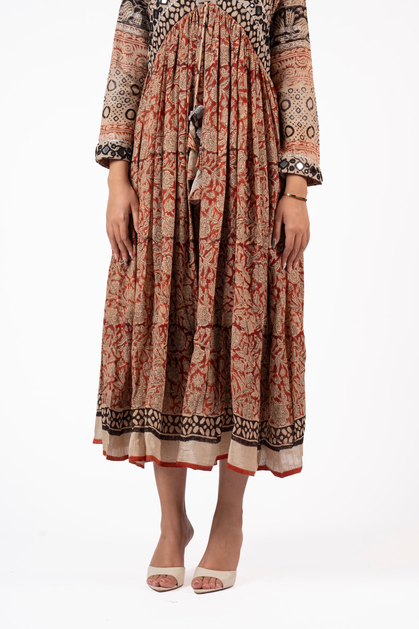 Eternal Blossom – Classic Kalamkari Mirror Work Linen Flared Dress