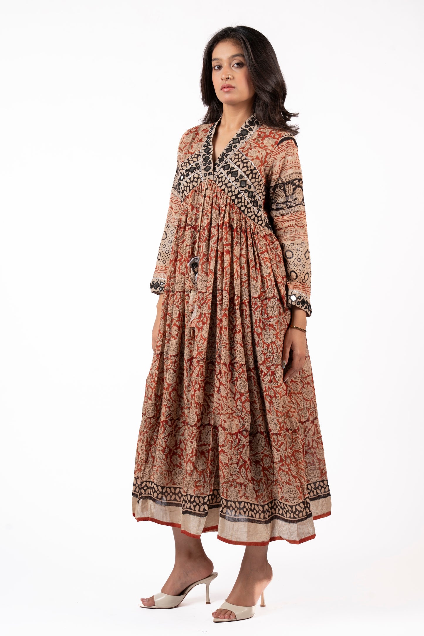 Eternal Blossom – Classic Kalamkari Mirror Work Linen Flared Dress