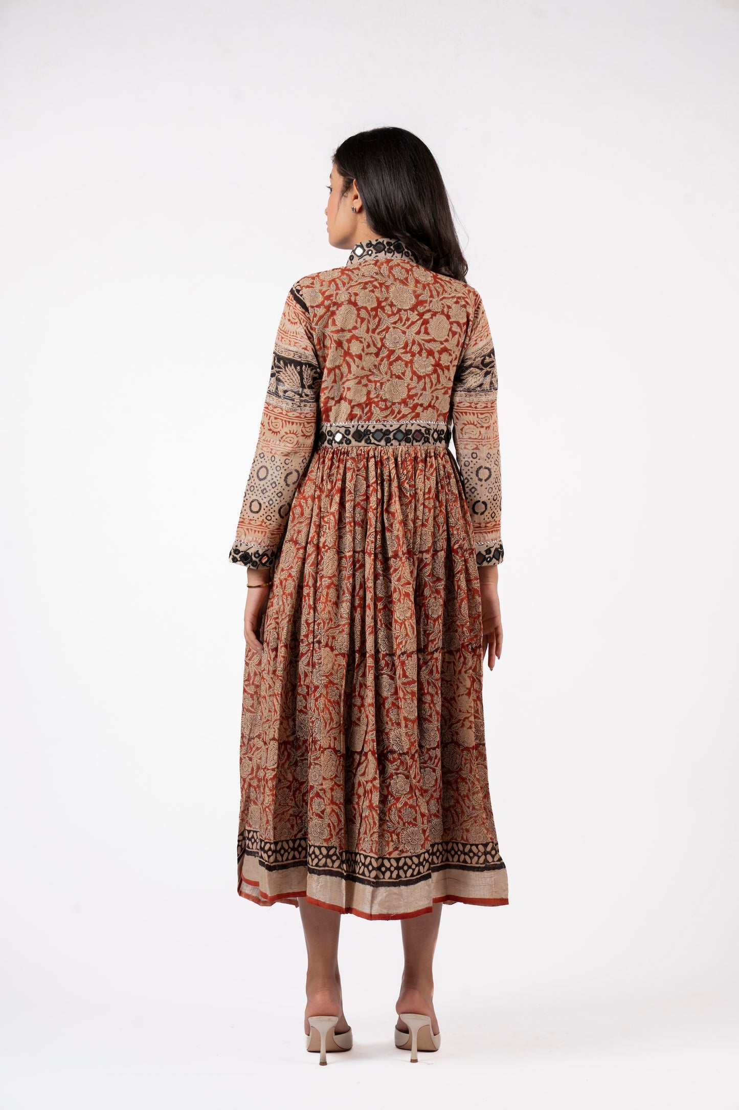 Eternal Blossom – Classic Kalamkari Mirror Work Linen Flared Dress