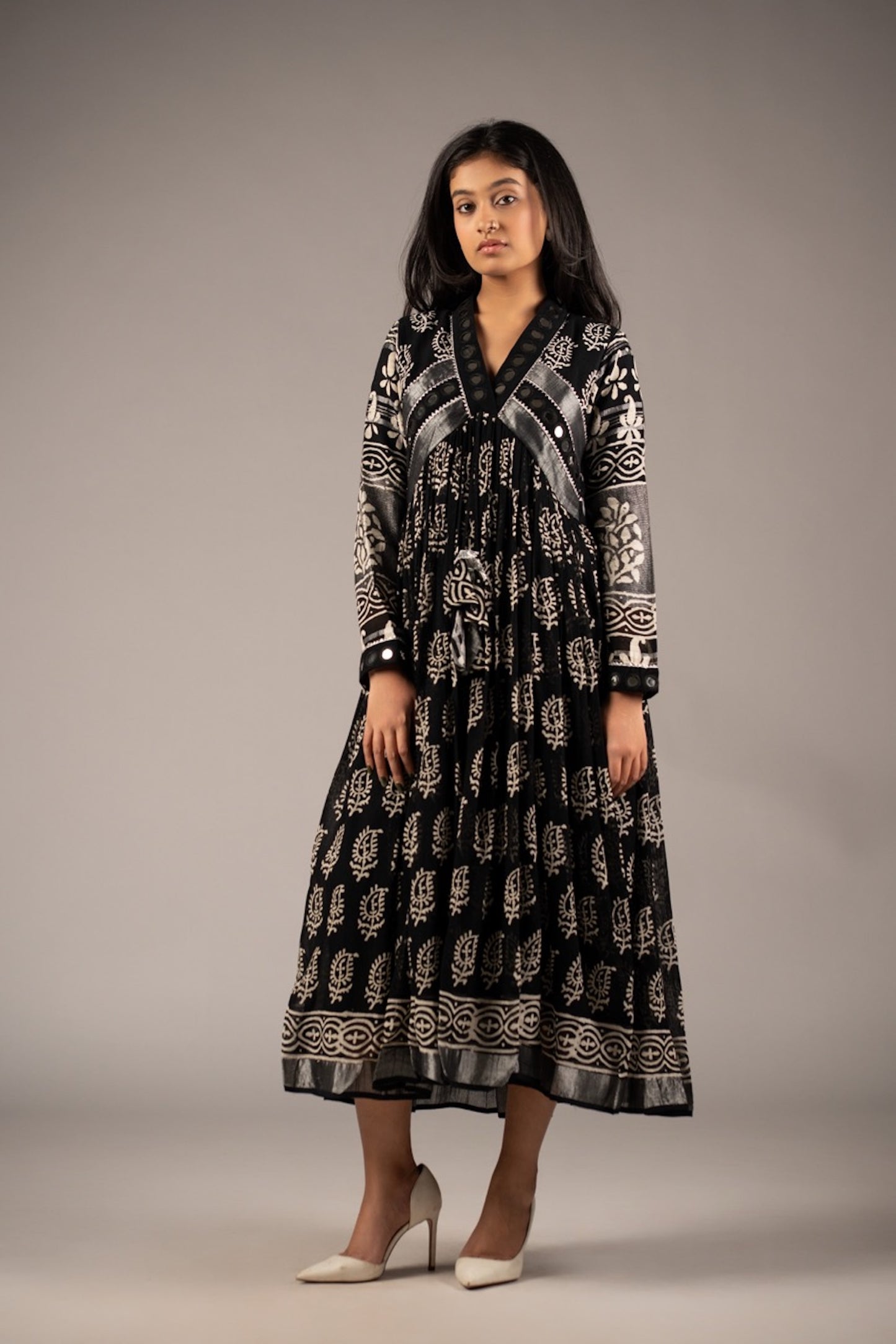 Syaahi Black Mirror Work Dress in Pure Linen