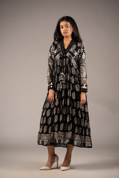 Syaahi Black Mirror Work Dress in Pure Linen