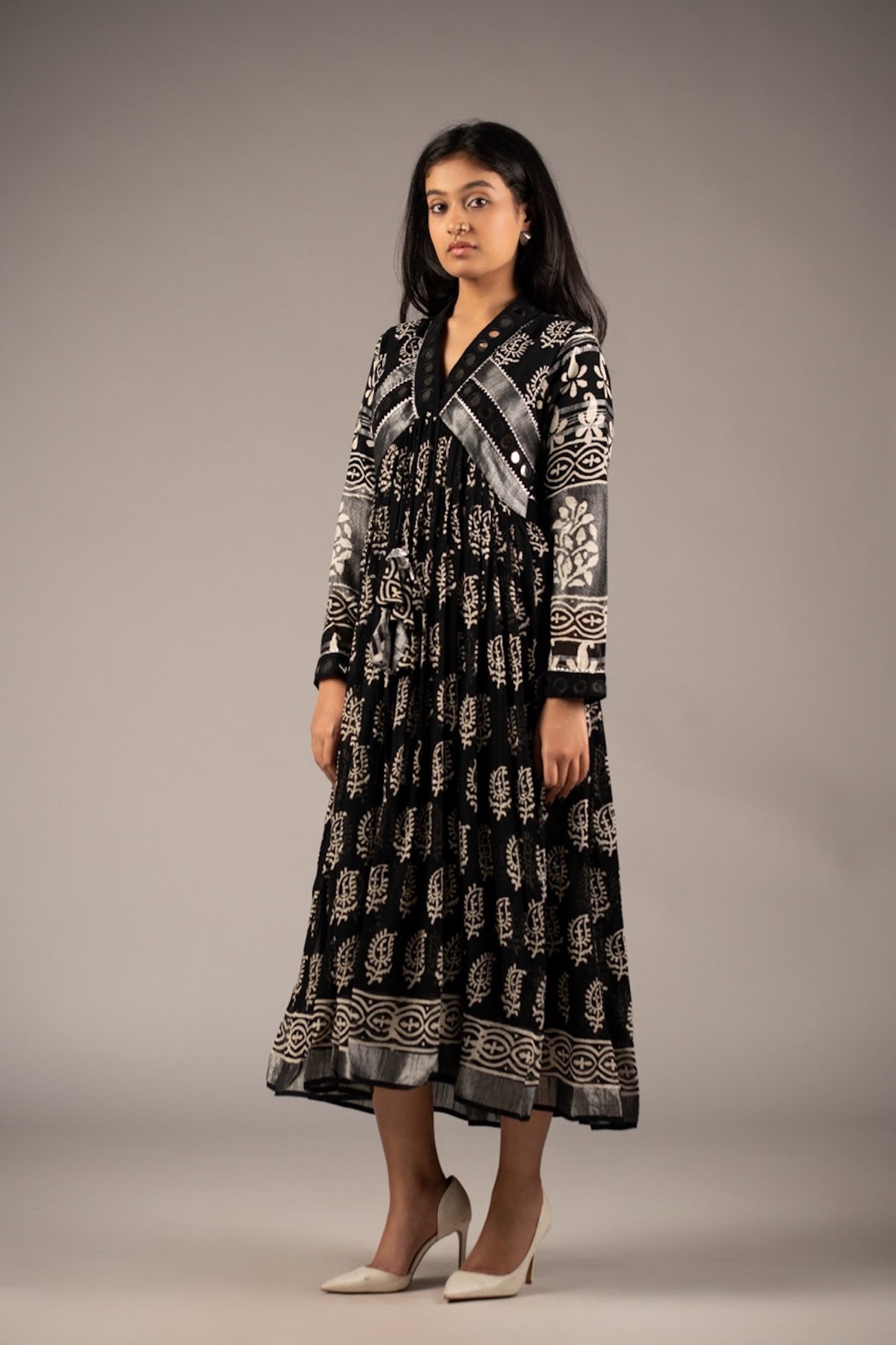 Syaahi Black Mirror Work Dress in Pure Linen