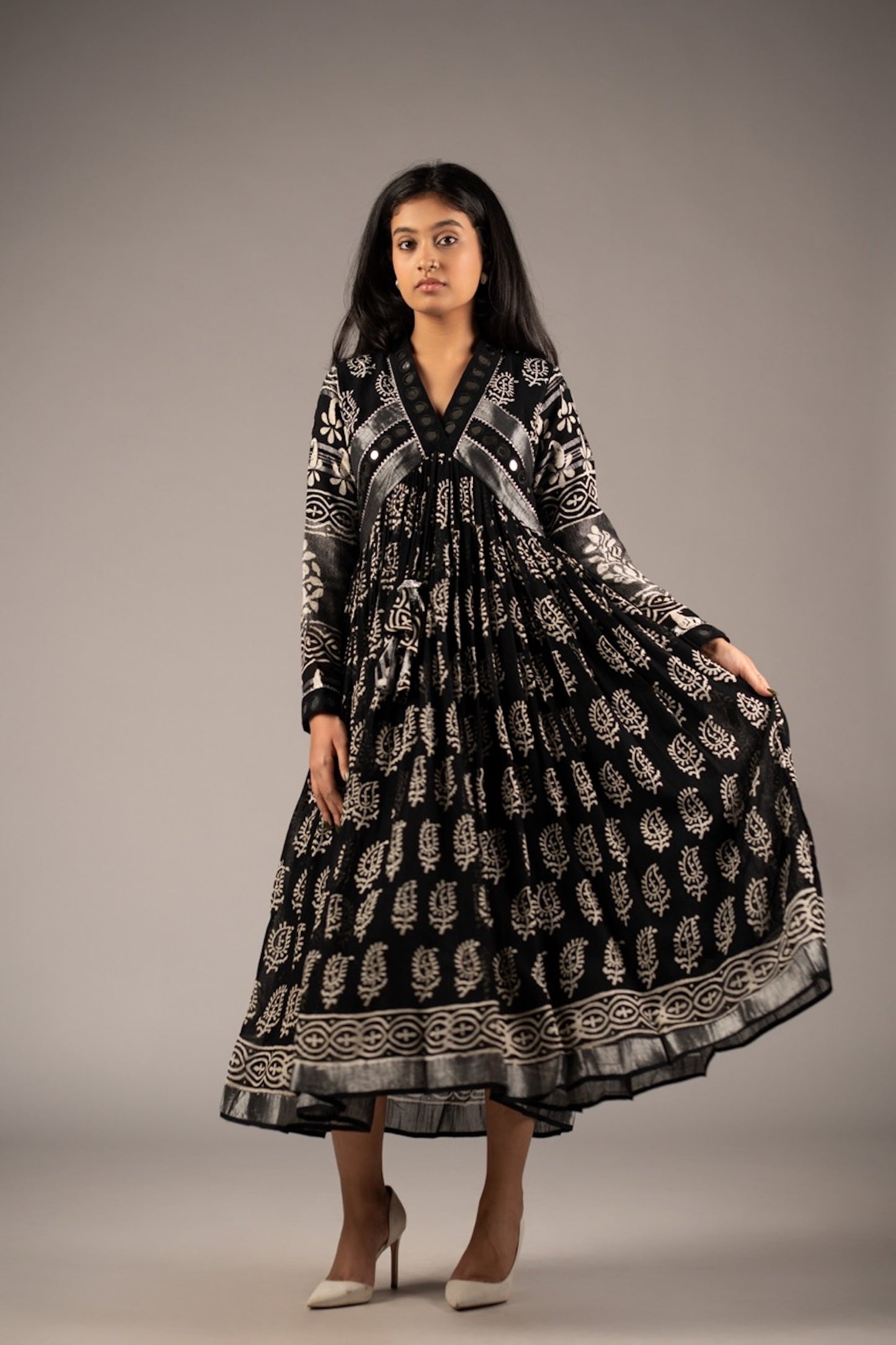 Syaahi Black Mirror Work Dress in Pure Linen
