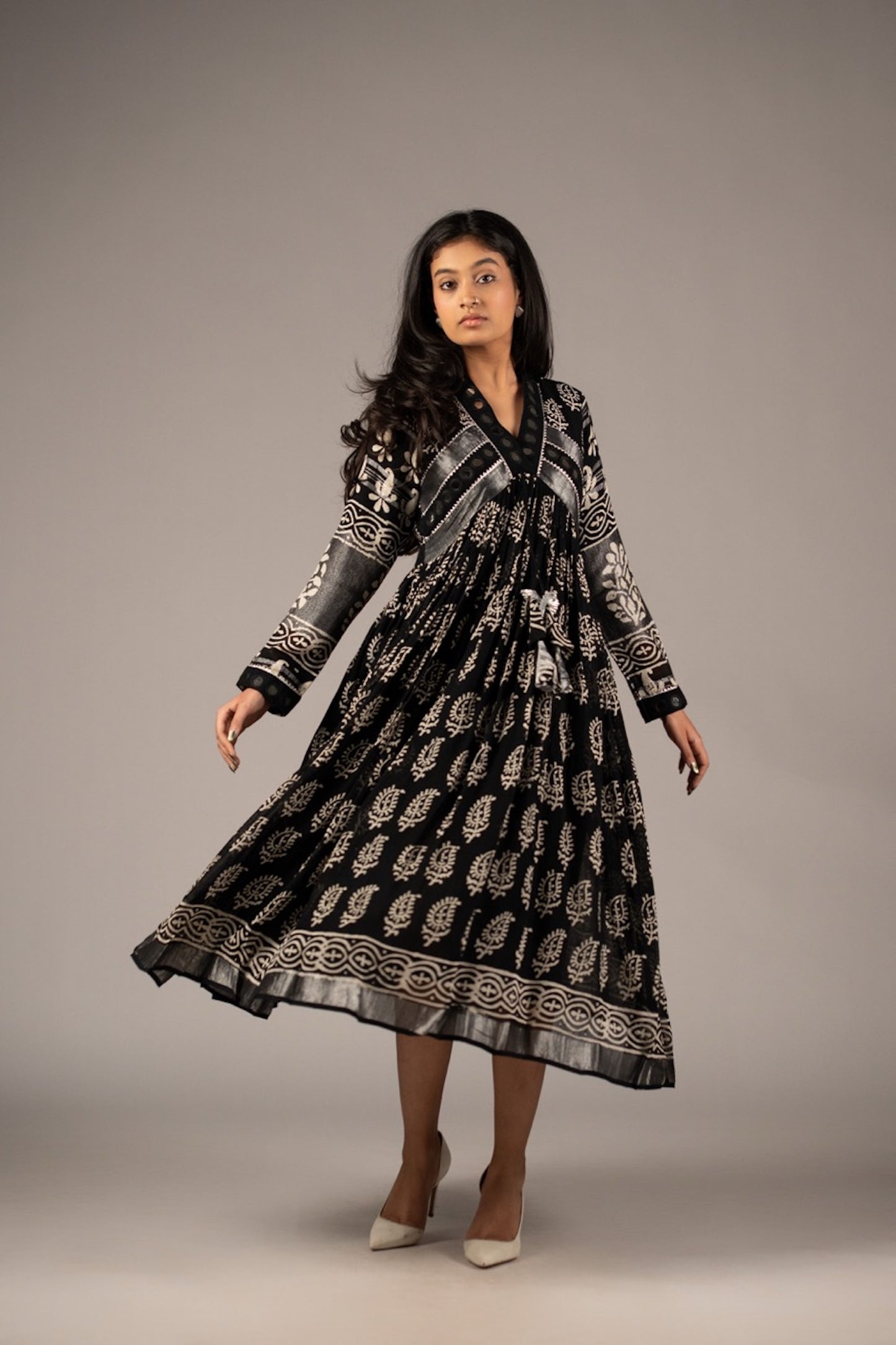 Syaahi Black Mirror Work Dress in Pure Linen