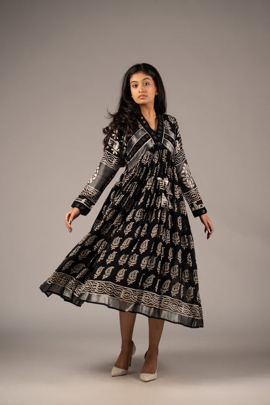 Syaahi Black Mirror Work Dress in Pure Linen