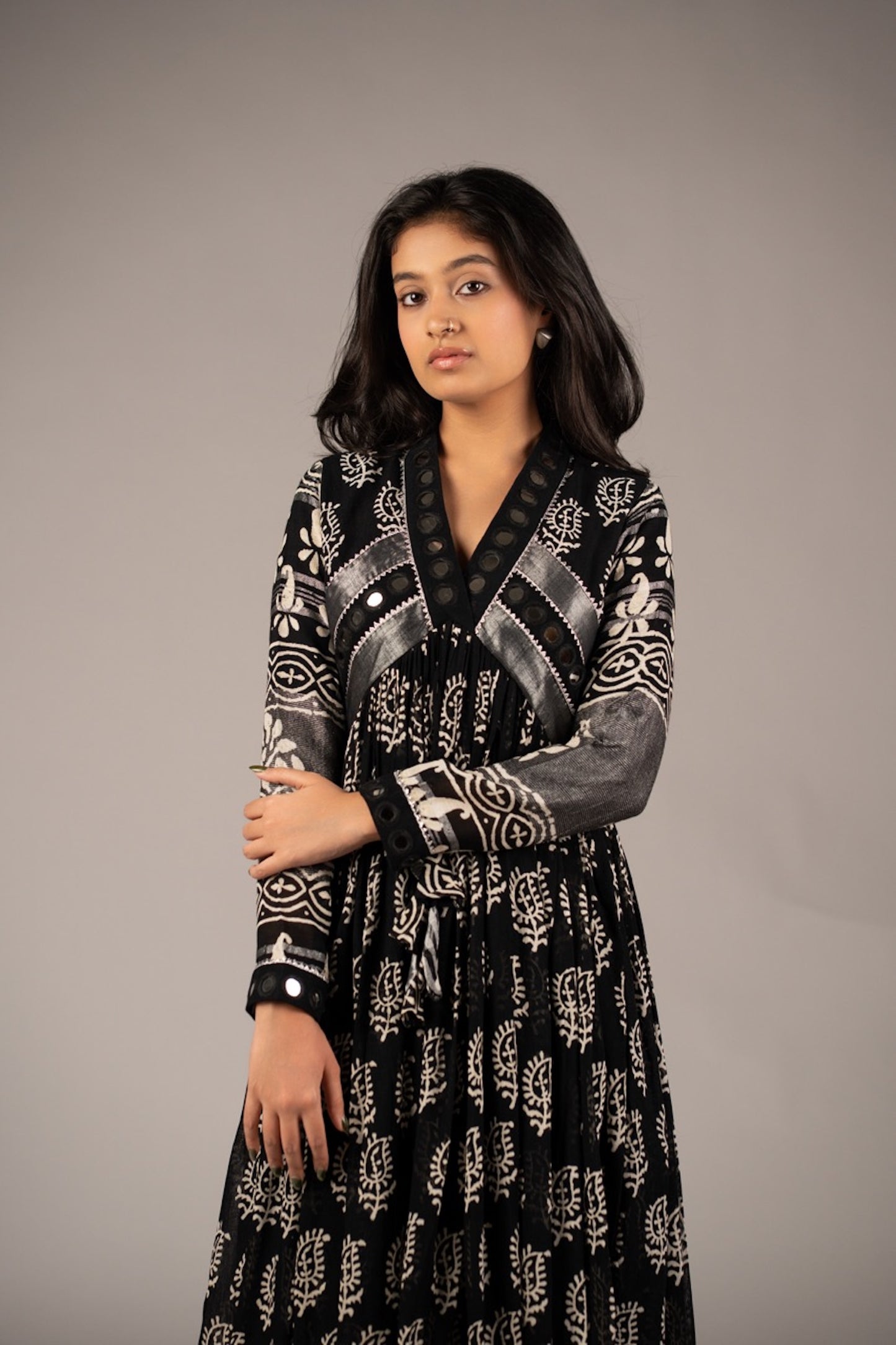 Syaahi Black Mirror Work Dress in Pure Linen