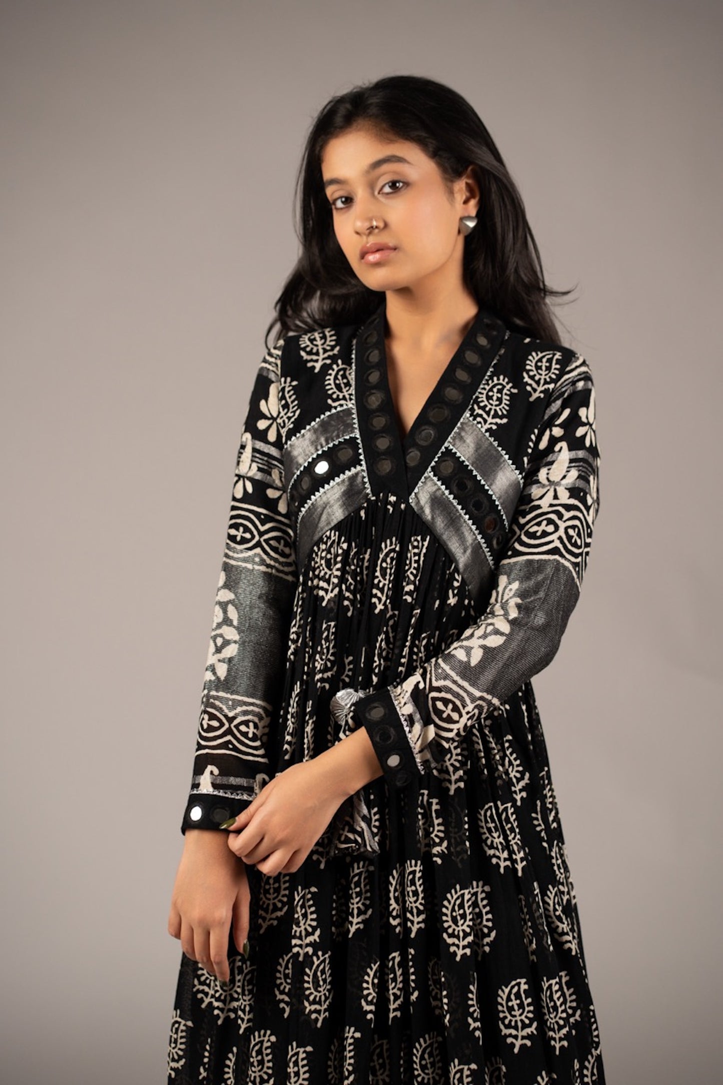 Syaahi Black Mirror Work Dress in Pure Linen