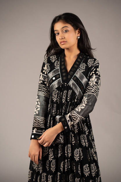 Syaahi Black Mirror Work Dress in Pure Linen