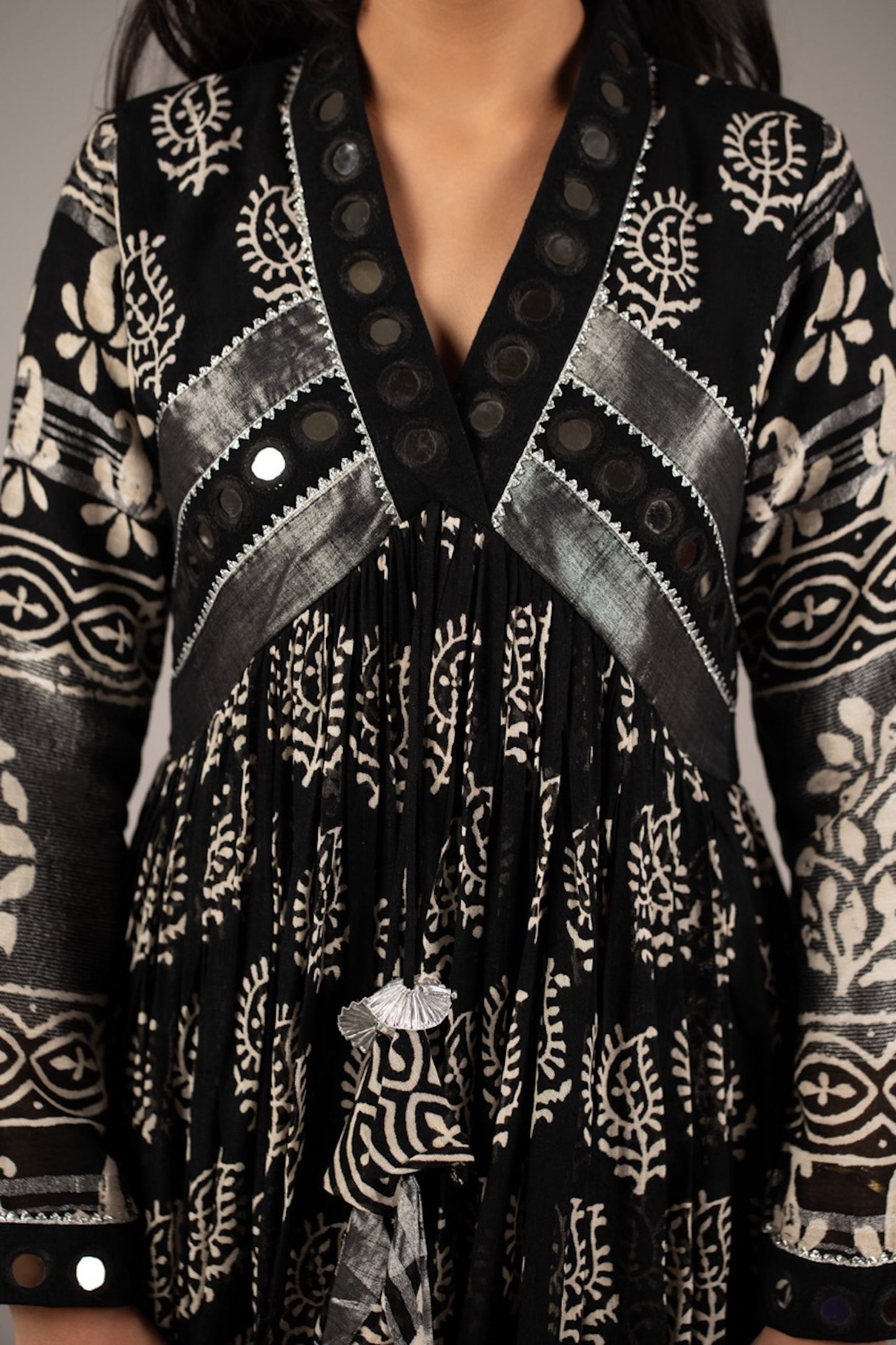 Syaahi Black Mirror Work Dress in Pure Linen