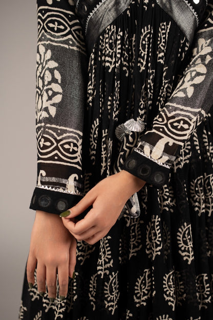 Syaahi Black Mirror Work Dress in Pure Linen