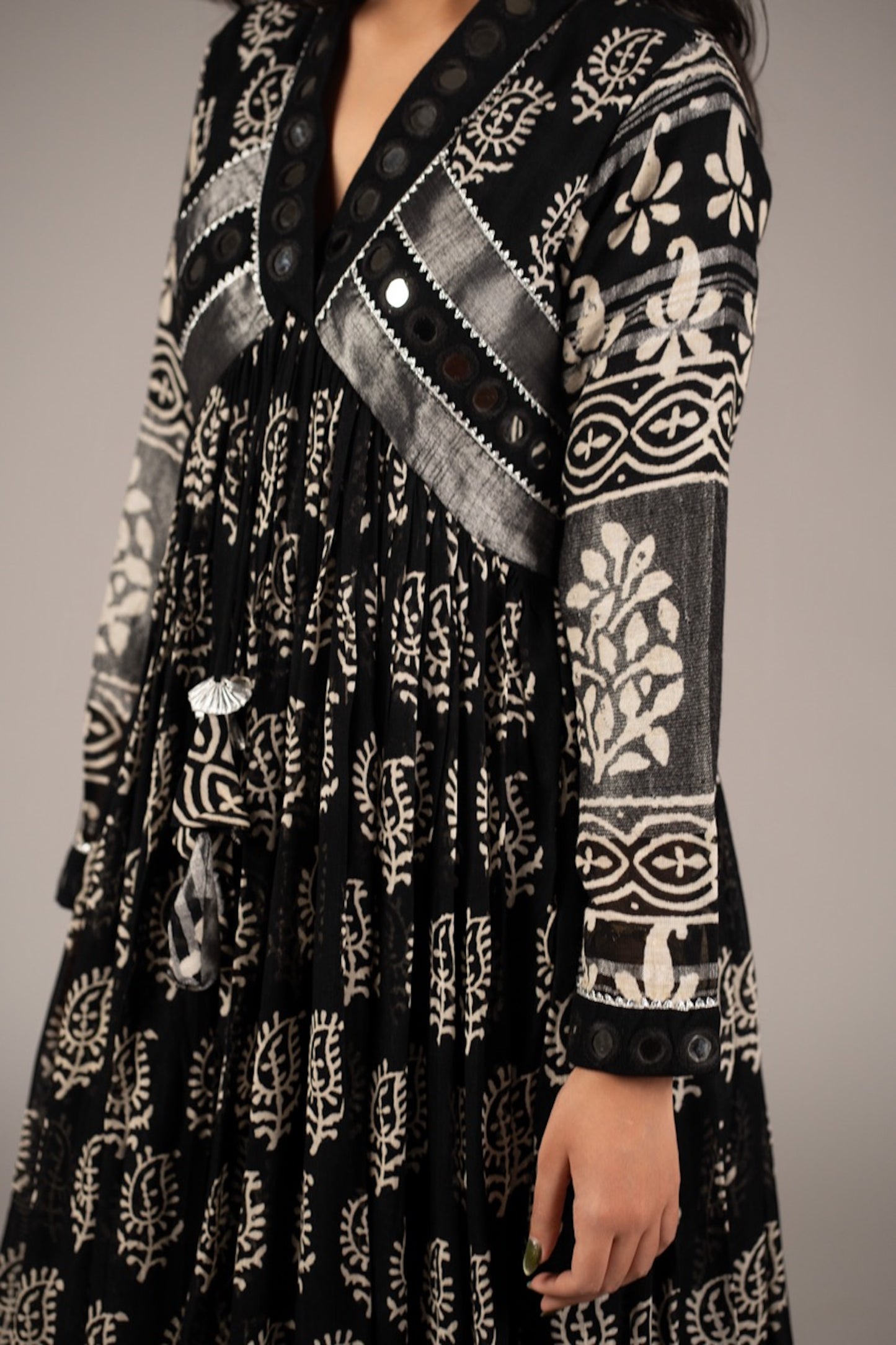 Syaahi Black Mirror Work Dress in Pure Linen