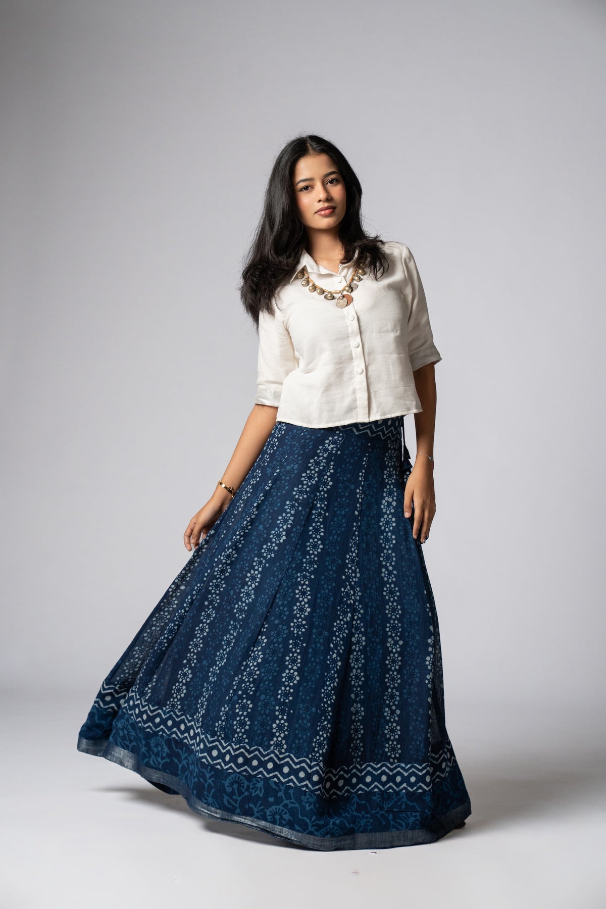 Raasrekh Indigo Kali Set — White Shirt & Skirt