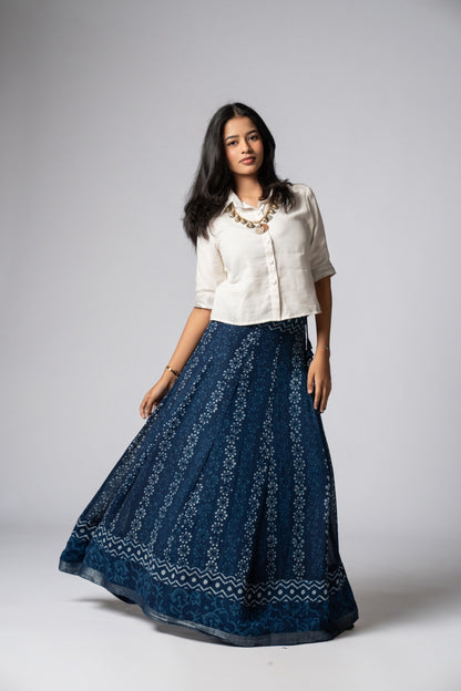 Raasrekh Indigo Kali Set — White Shirt & Skirt