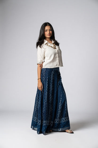 Raasrekh Indigo Kali Set — White Shirt & Skirt