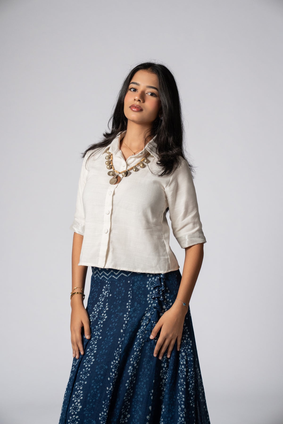 Raasrekh Indigo Kali Set — White Shirt & Skirt