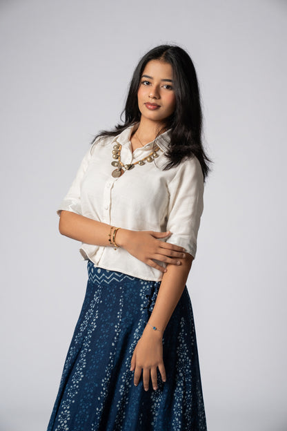 Raasrekh Indigo Kali Set — White Shirt & Skirt