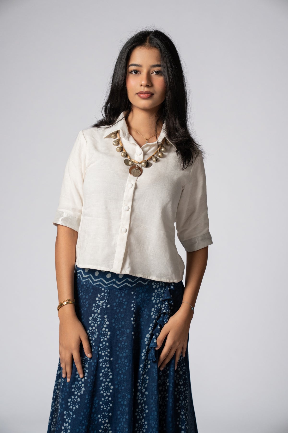Raasrekh Indigo Kali Set — White Shirt & Skirt