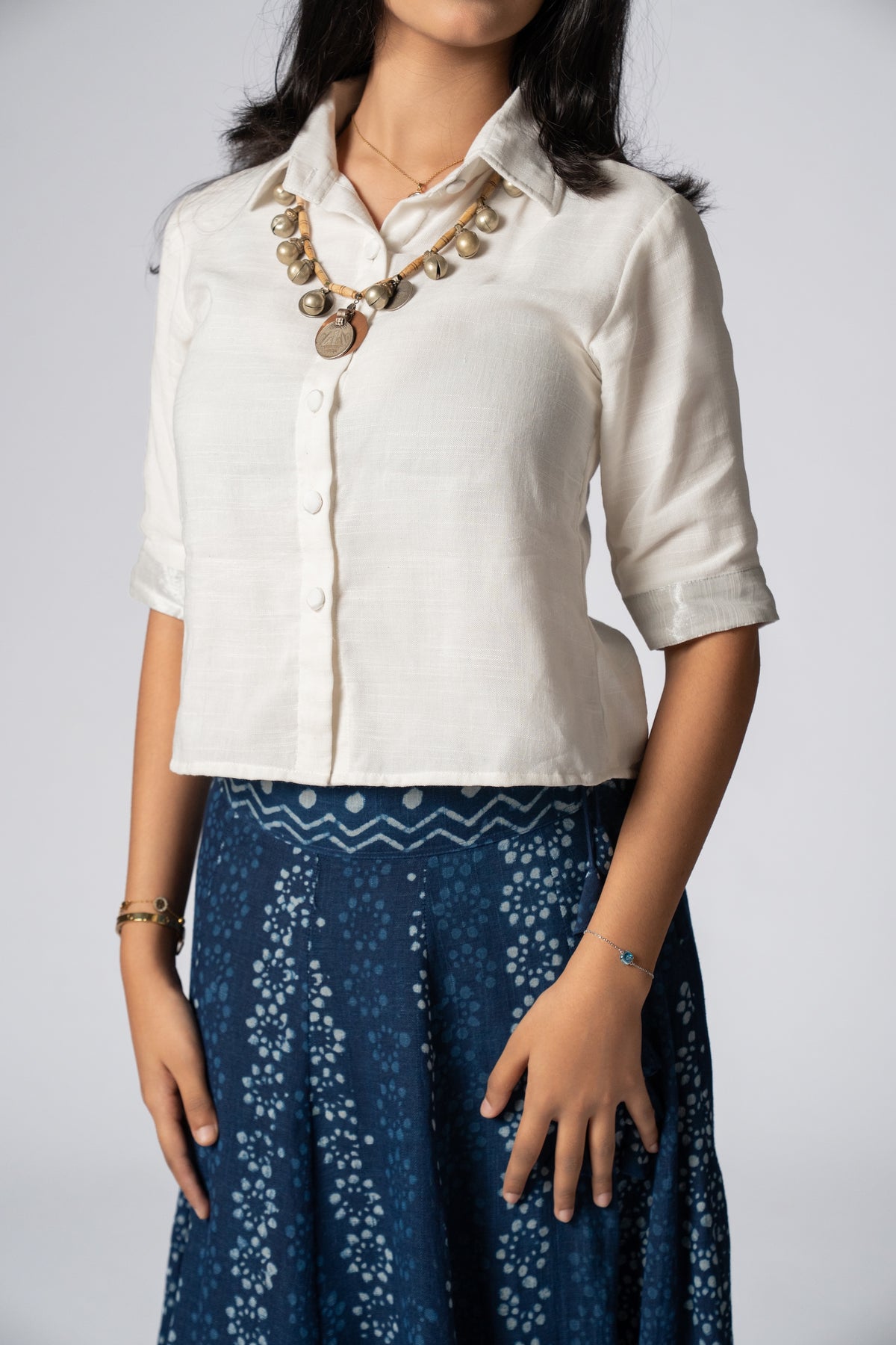 Raasrekh Indigo Kali Set — White Shirt & Skirt