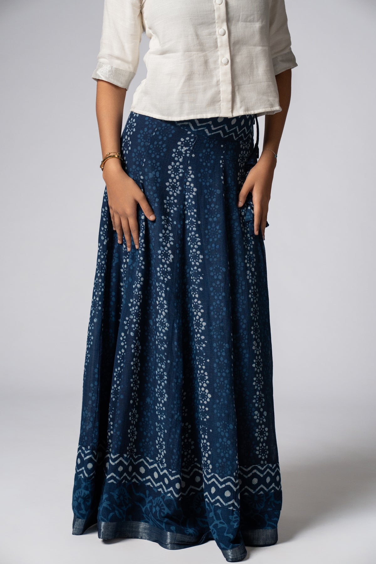 Raasrekh Indigo Kali Set — White Shirt & Skirt