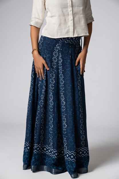 Raasrekh Indigo Kali Set — White Shirt & Skirt