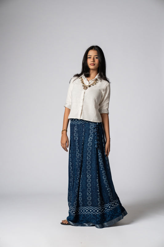 Raasrekh Indigo Kali Set — White Shirt & Skirt