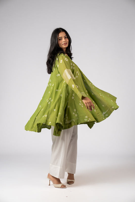 Parrot Green Bandhani Linen Flare Kurta
