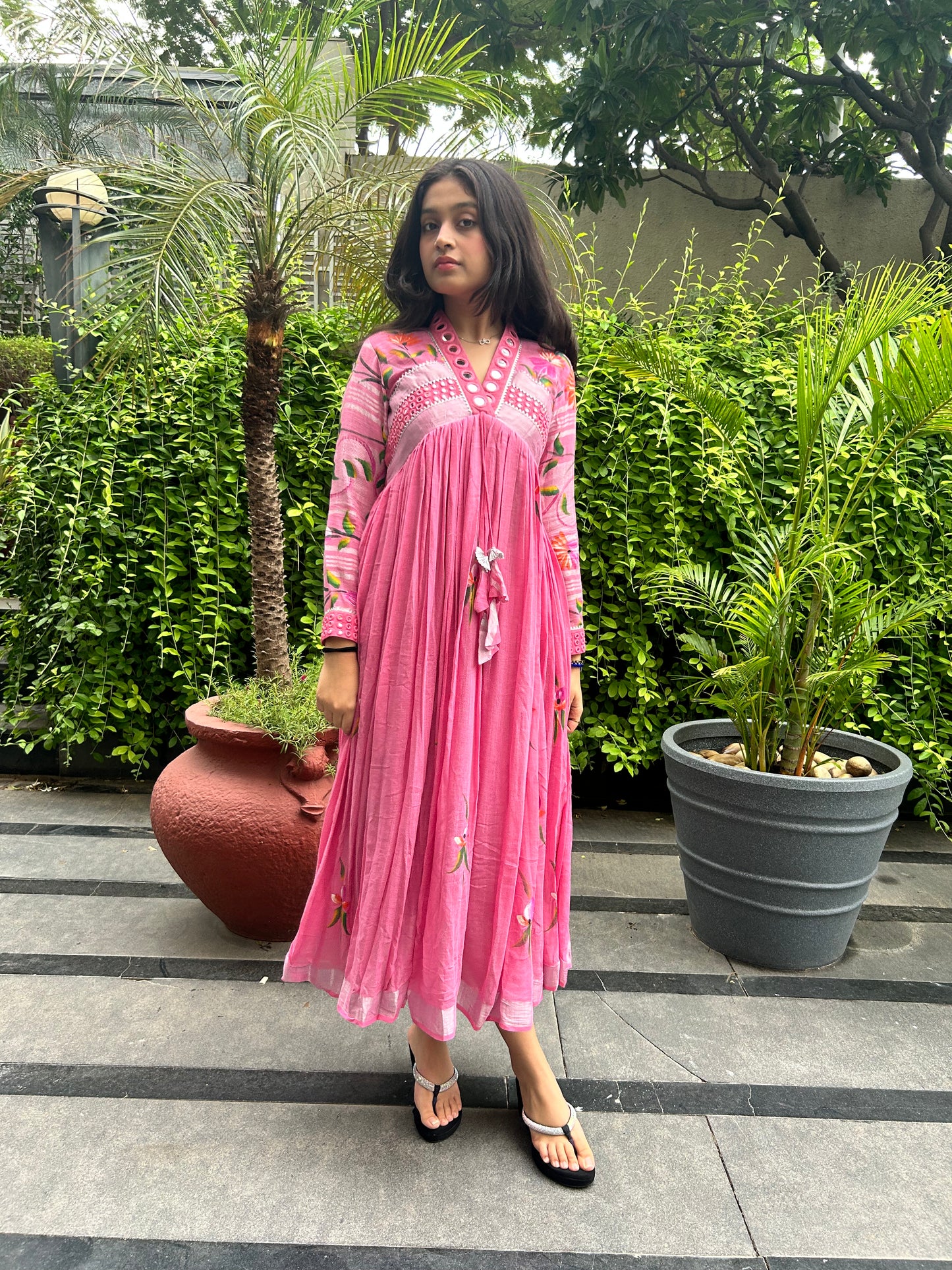 Evara Baby Pink Hand Painted Mirror Work Dress
