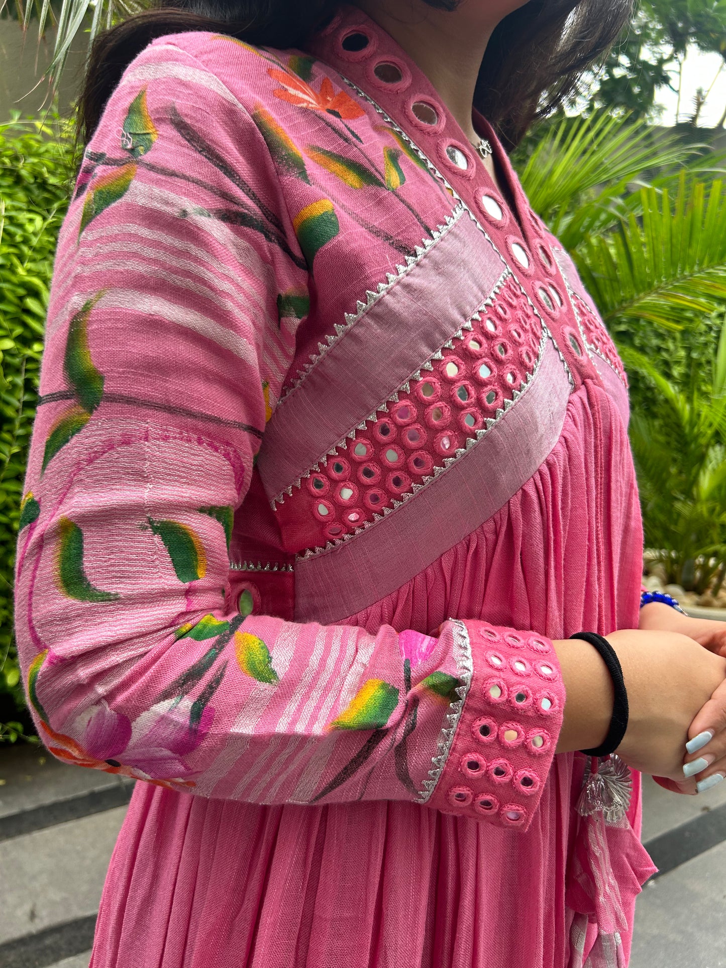 Evara Baby Pink Hand Painted Mirror Work Dress