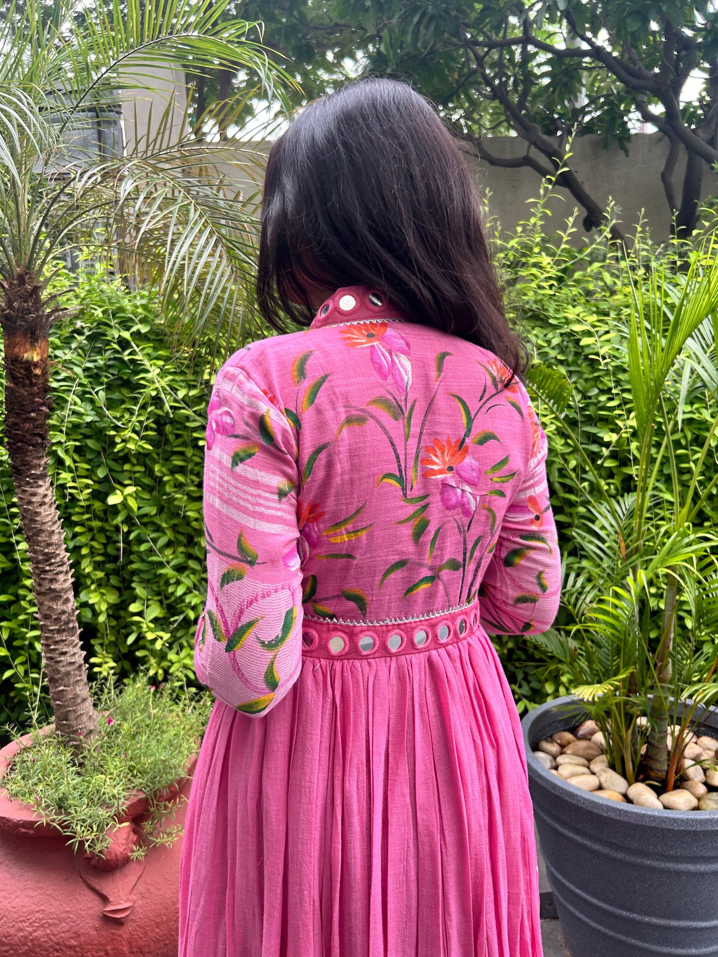 Evara Baby Pink Hand Painted Mirror Work Dress