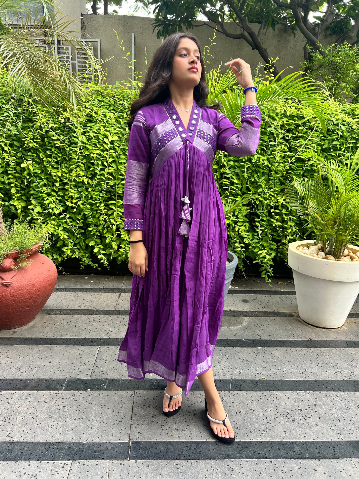 Evara Purple Mirror Work Dress in Pure Linen