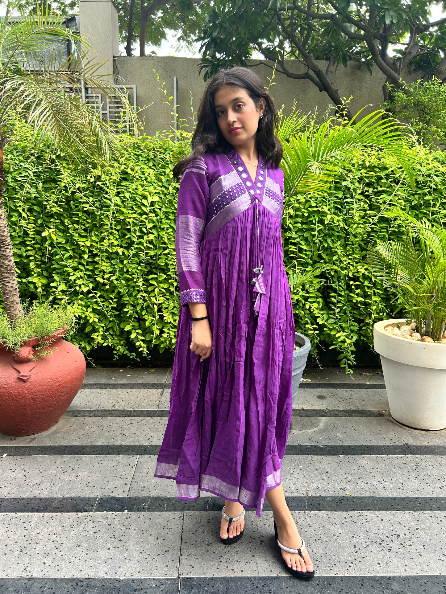 Evara Purple Mirror Work Dress in Pure Linen