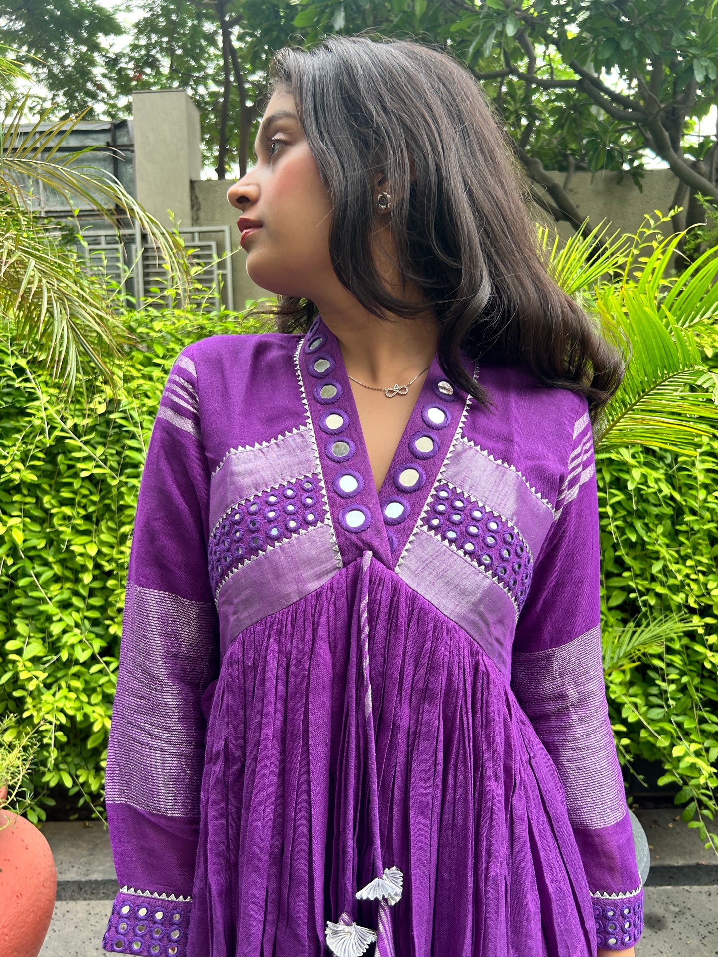 Evara Purple Mirror Work Dress in Pure Linen