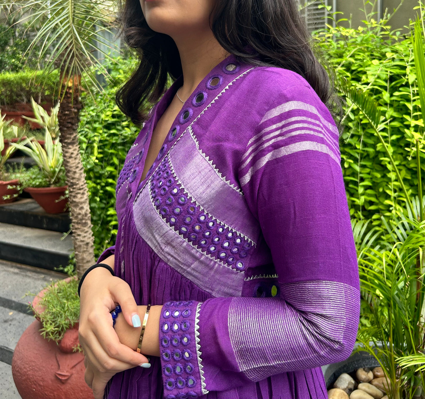 Evara Purple Mirror Work Dress in Pure Linen