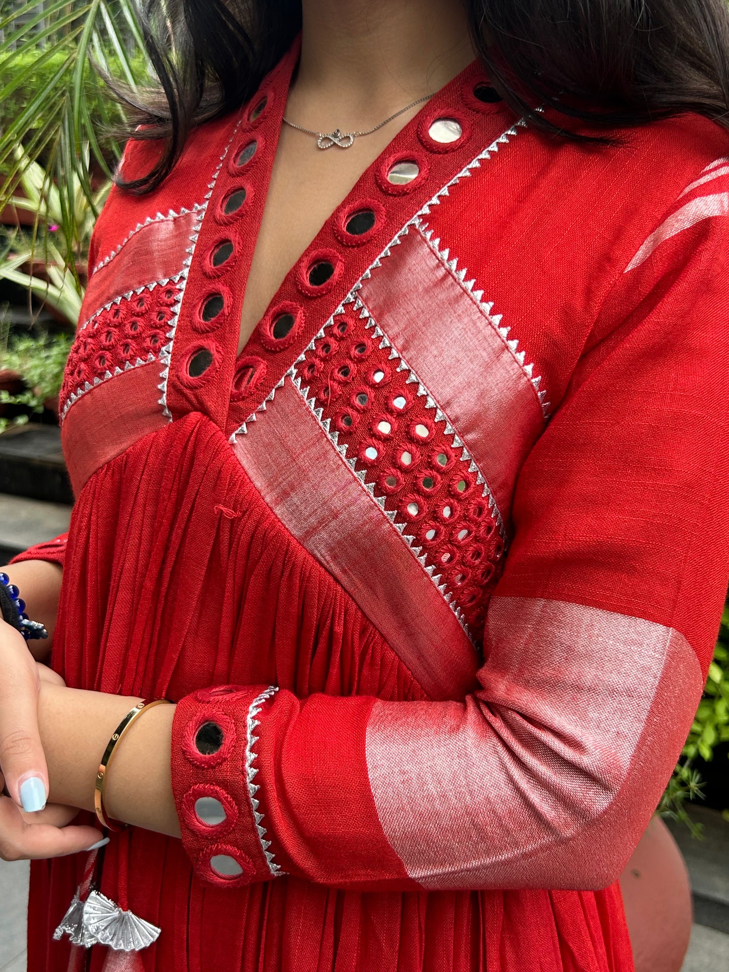 Evara Red Mirror Work Dress in Pure Linen (PRE-ORDERS ONLY)