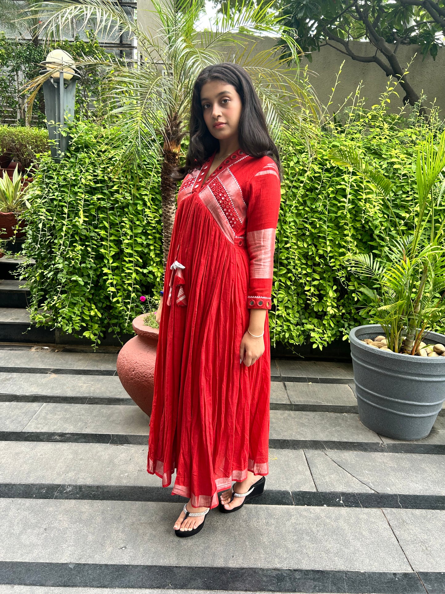 Evara Red Mirror Work Dress in Pure Linen (PRE-ORDERS ONLY)