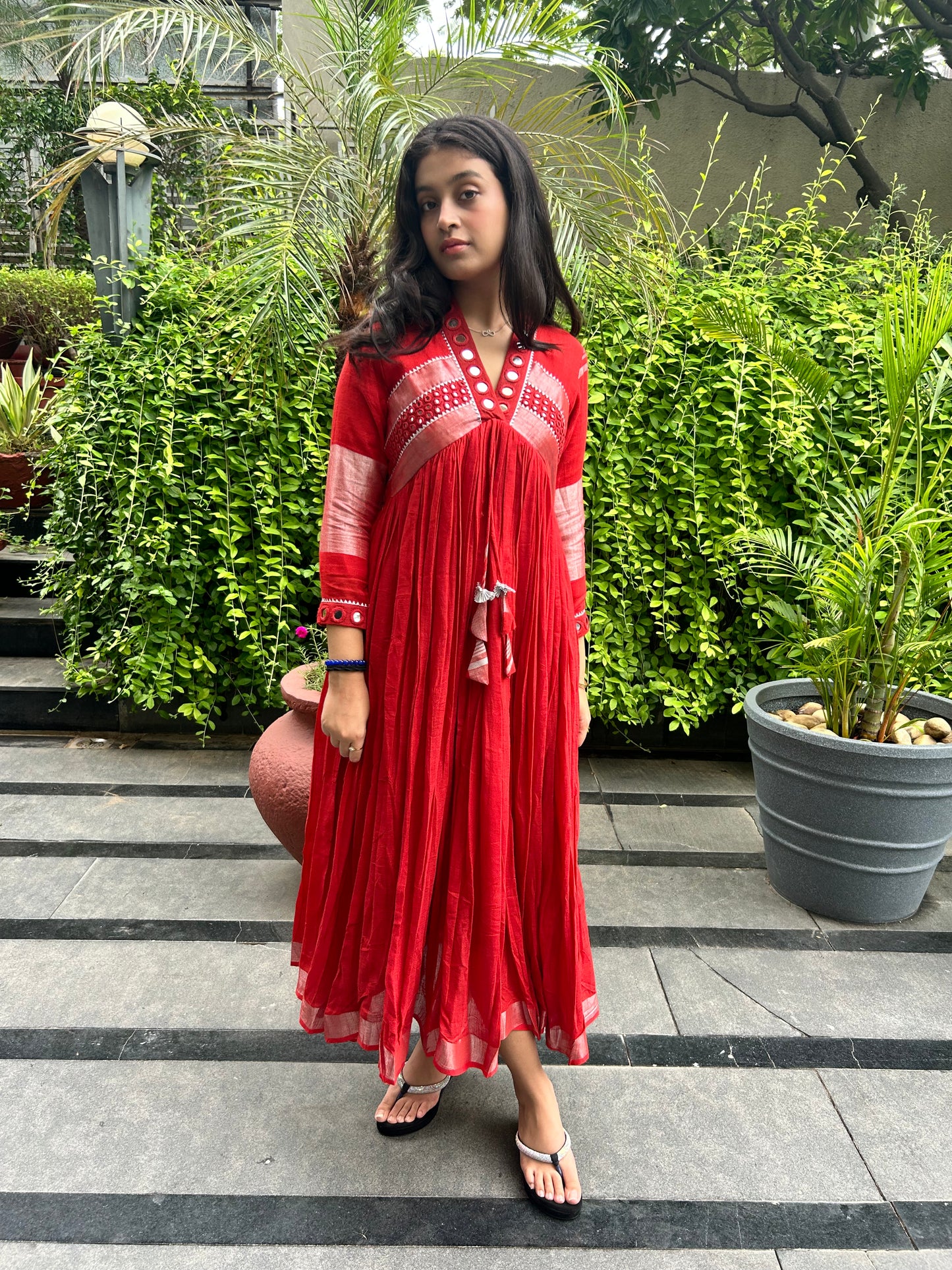 Evara Red Mirror Work Dress in Pure Linen (PRE-ORDERS ONLY)