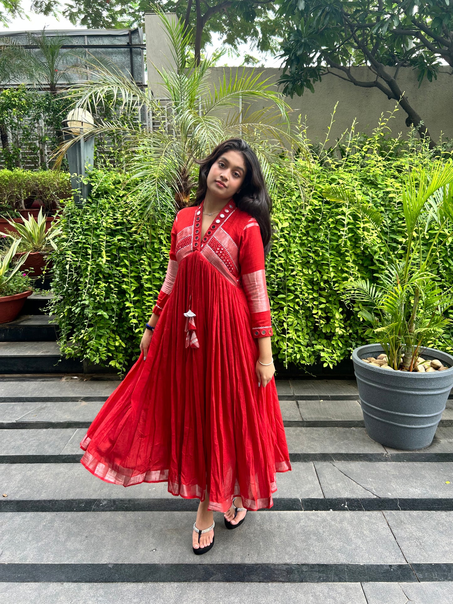 Evara Red Mirror Work Dress in Pure Linen (PRE-ORDERS ONLY)