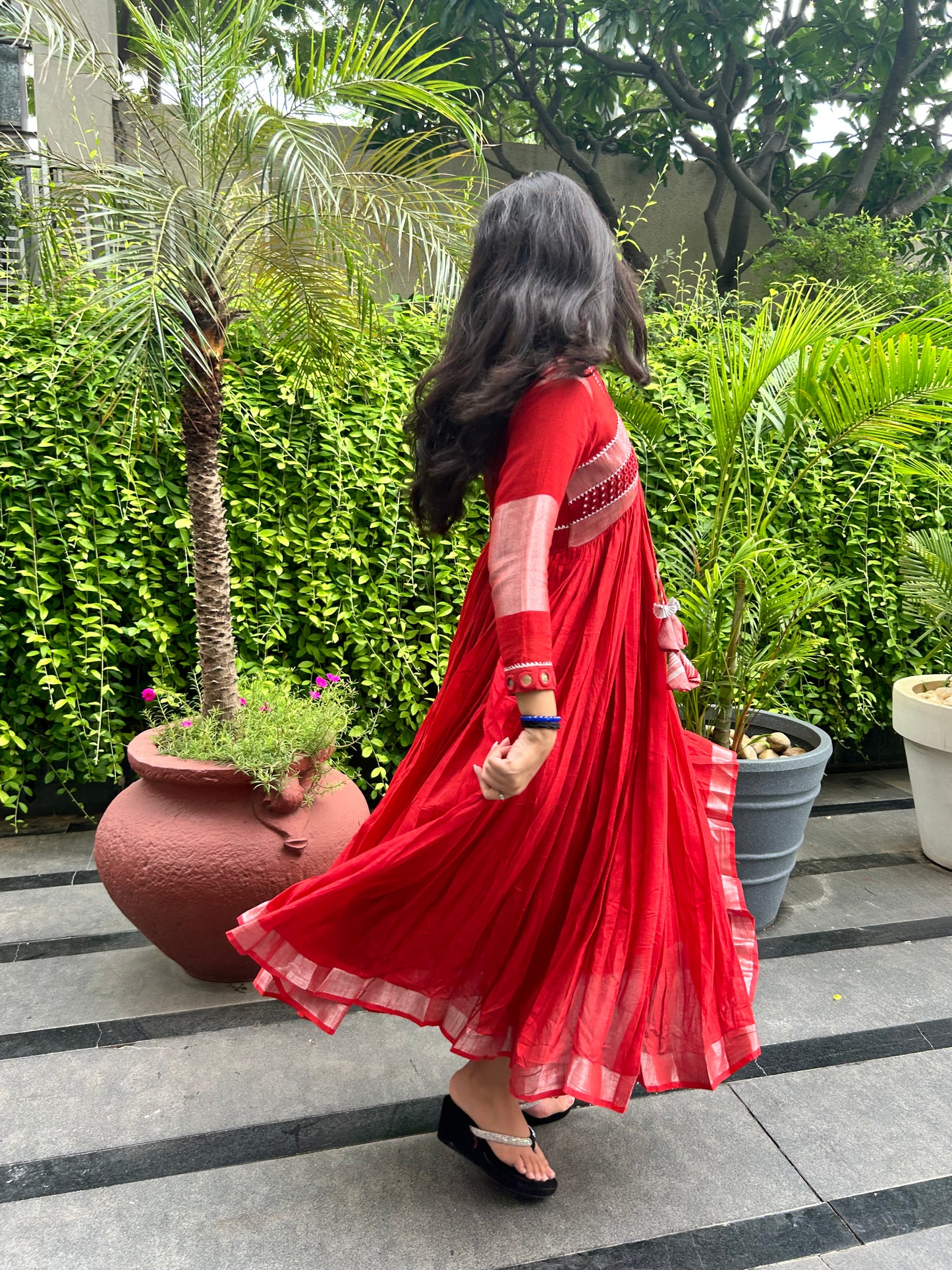 Evara Red Mirror Work Dress in Pure Linen (PRE-ORDERS ONLY)