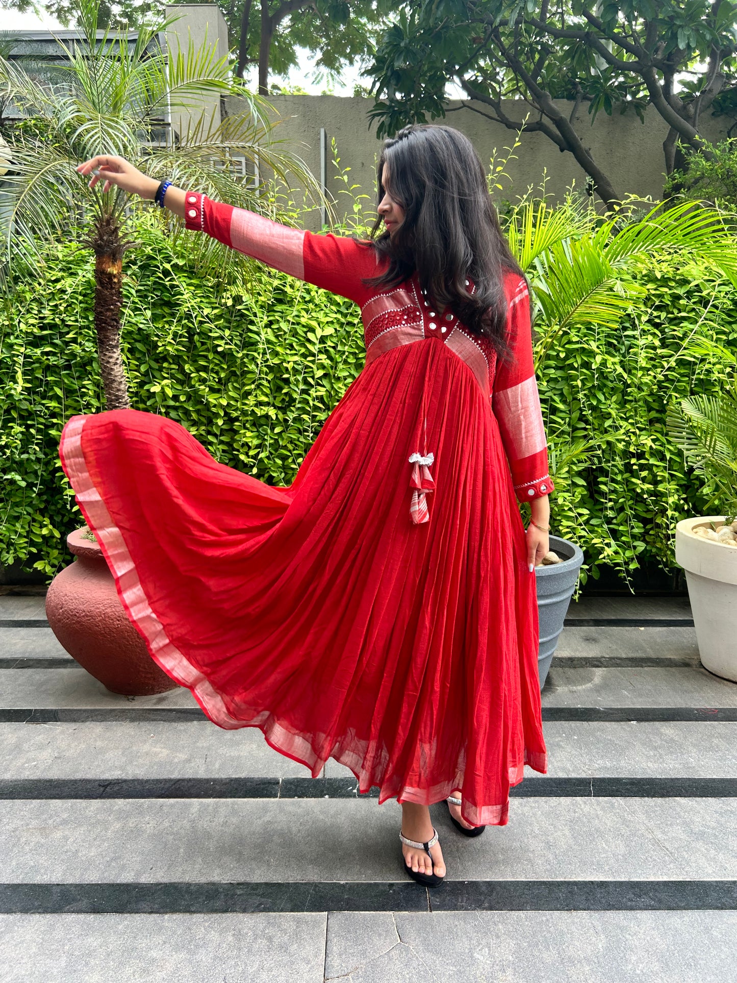 Evara Red Mirror Work Dress in Pure Linen (PRE-ORDERS ONLY)