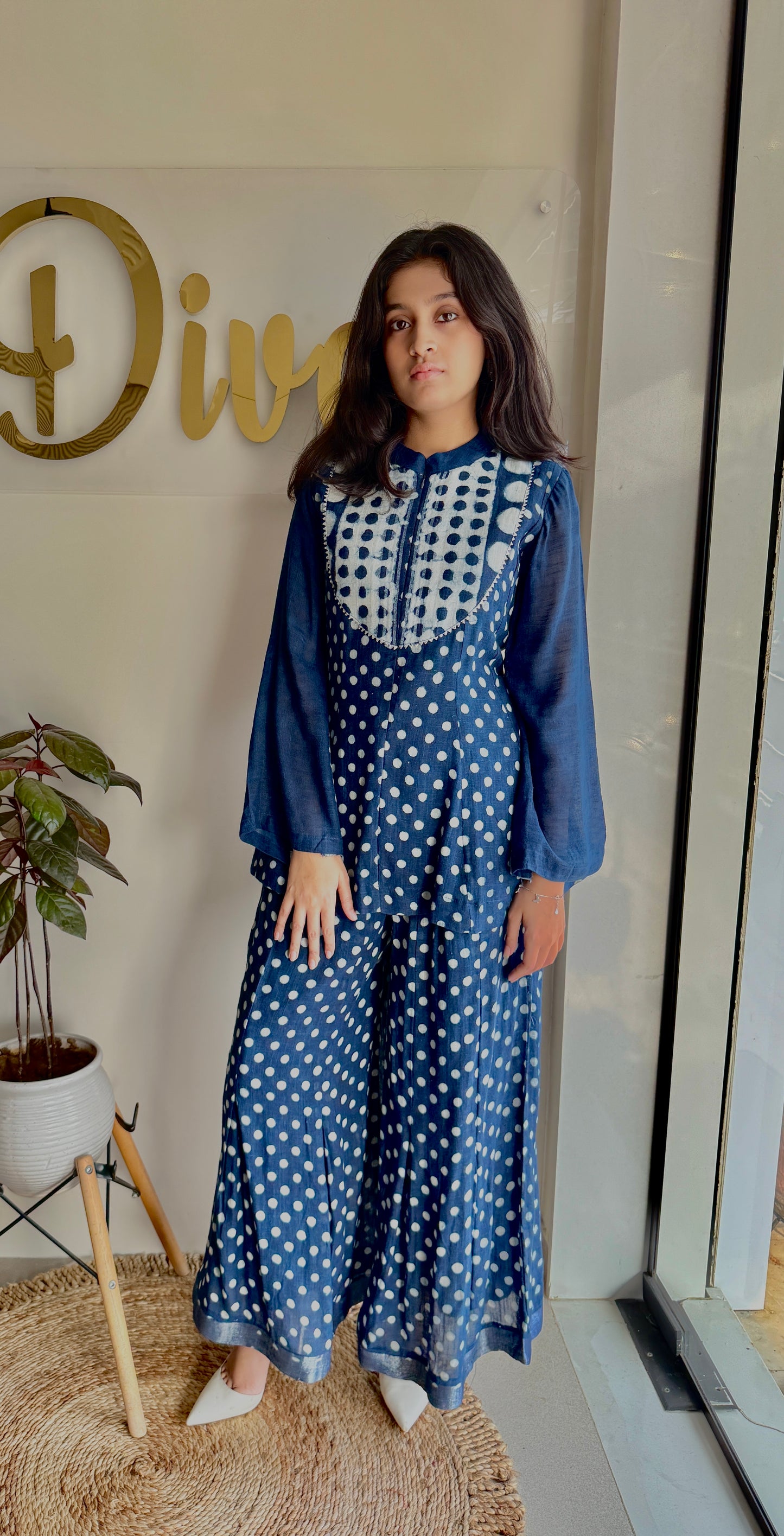 Indigo Tala - Pure Linen Bell Sleeve Top & Plazzo Set