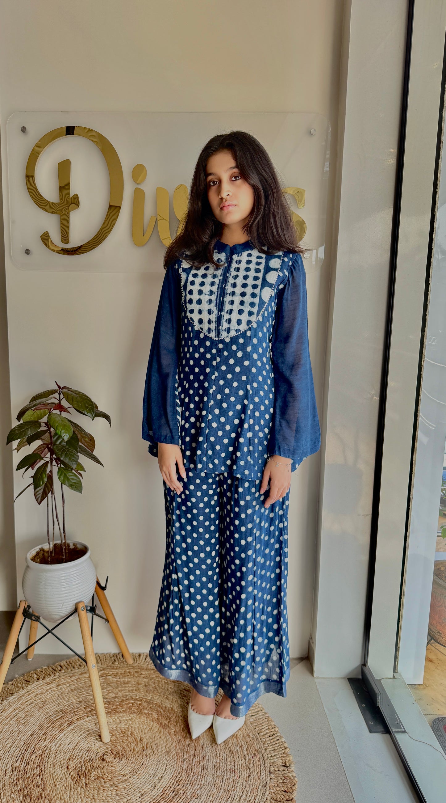 Indigo Tala - Pure Linen Bell Sleeve Top & Plazzo Set