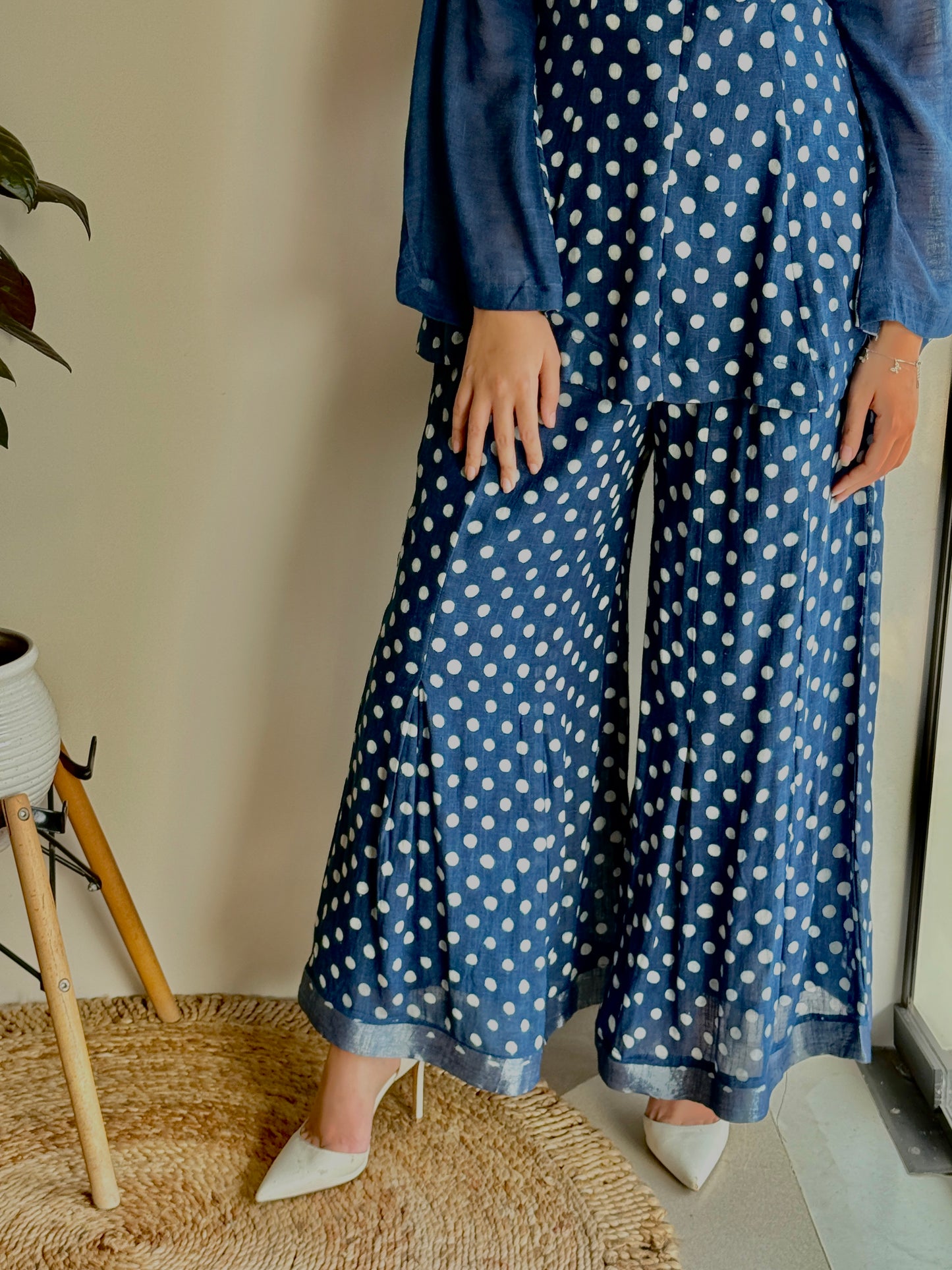 Indigo Tala - Pure Linen Bell Sleeve Top & Plazzo Set