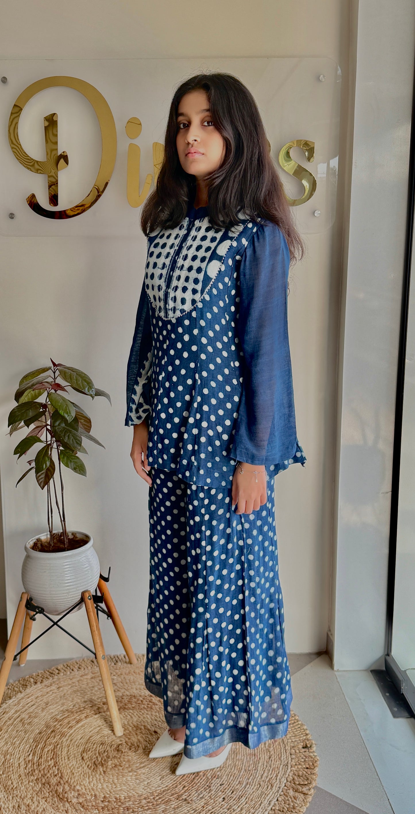 Indigo Tala - Pure Linen Bell Sleeve Top & Plazzo Set