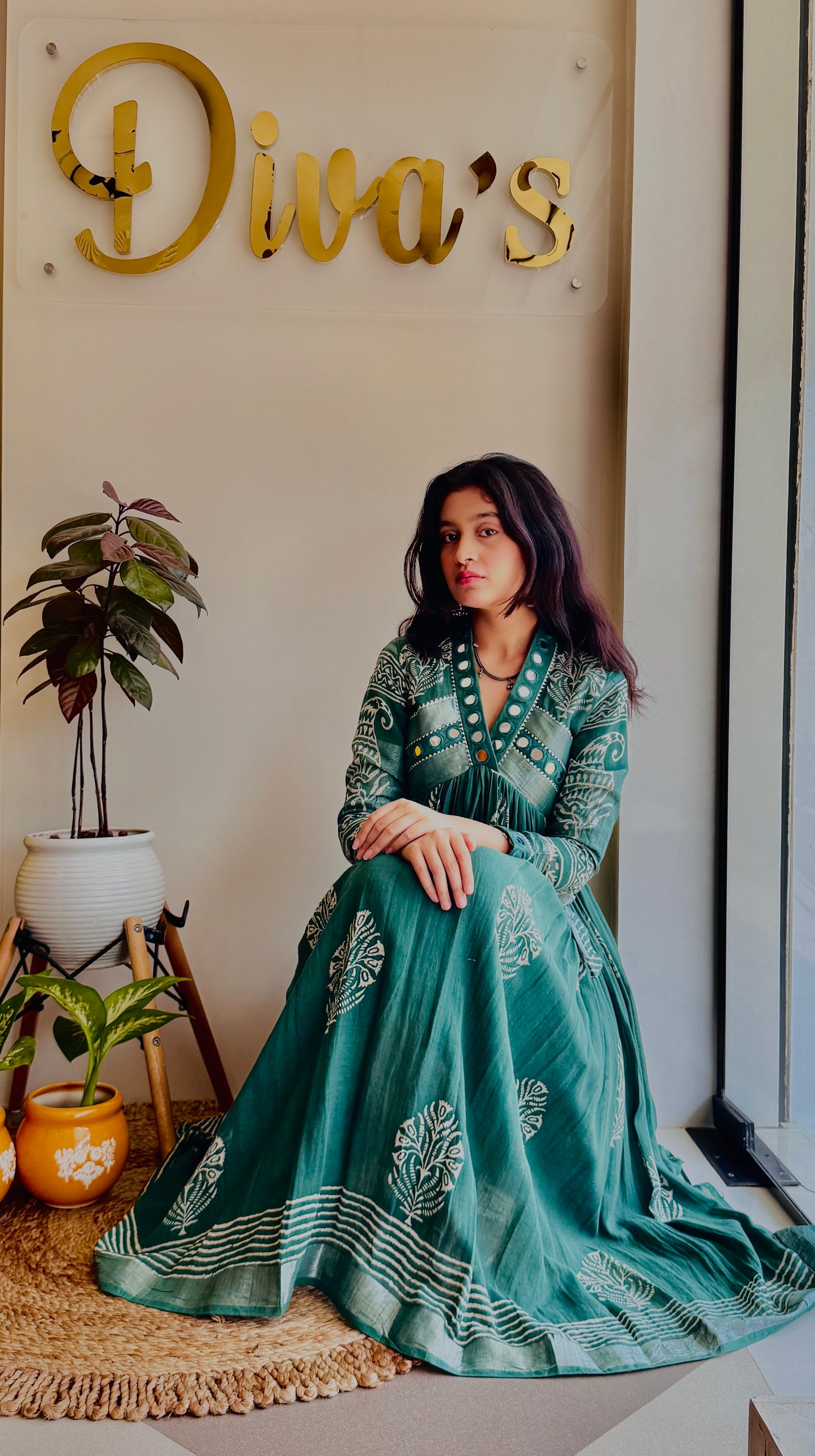 Vanya Sage Green Mirror Work Dress