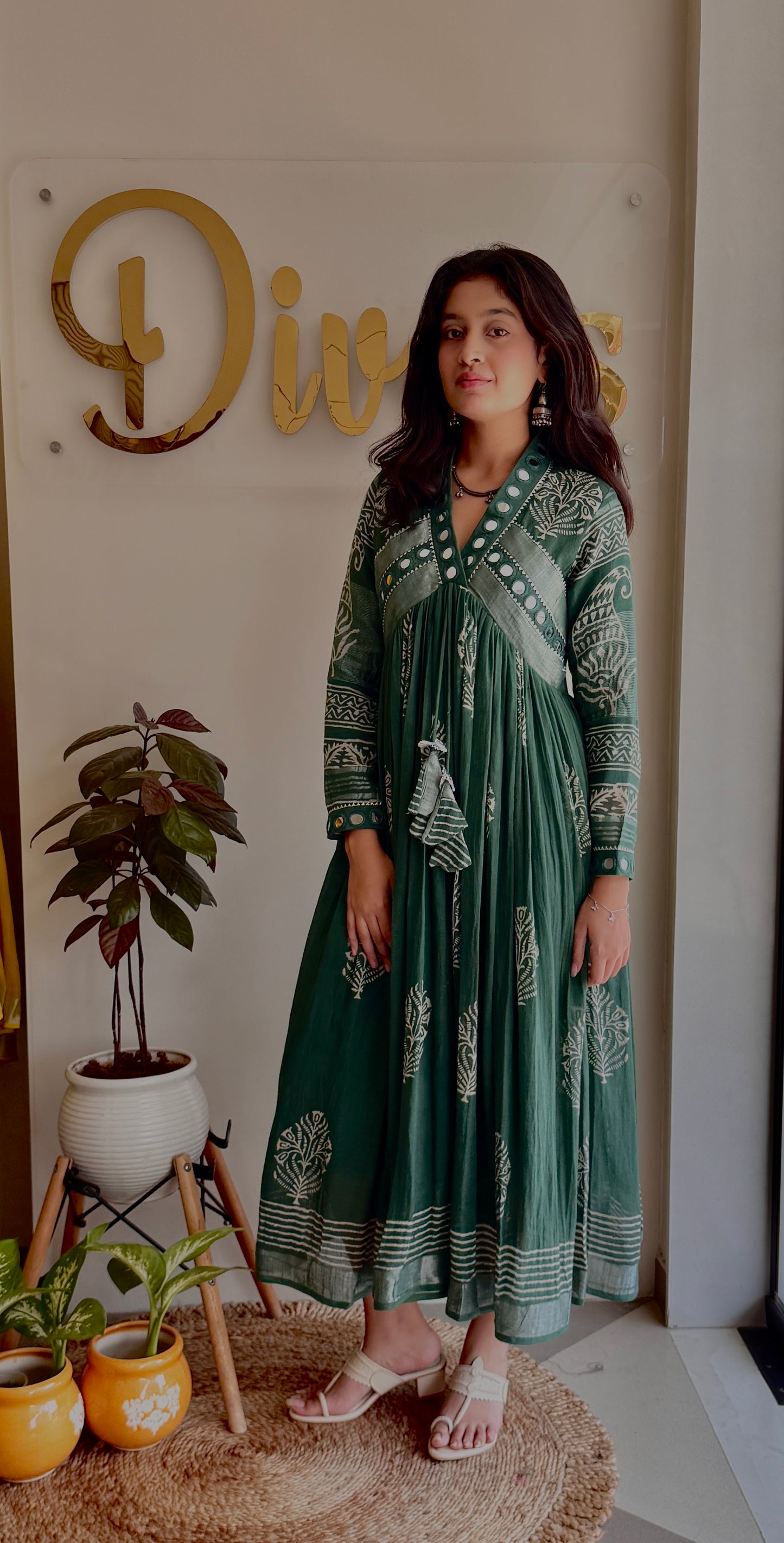 Vanya Sage Green Mirror Work Dress