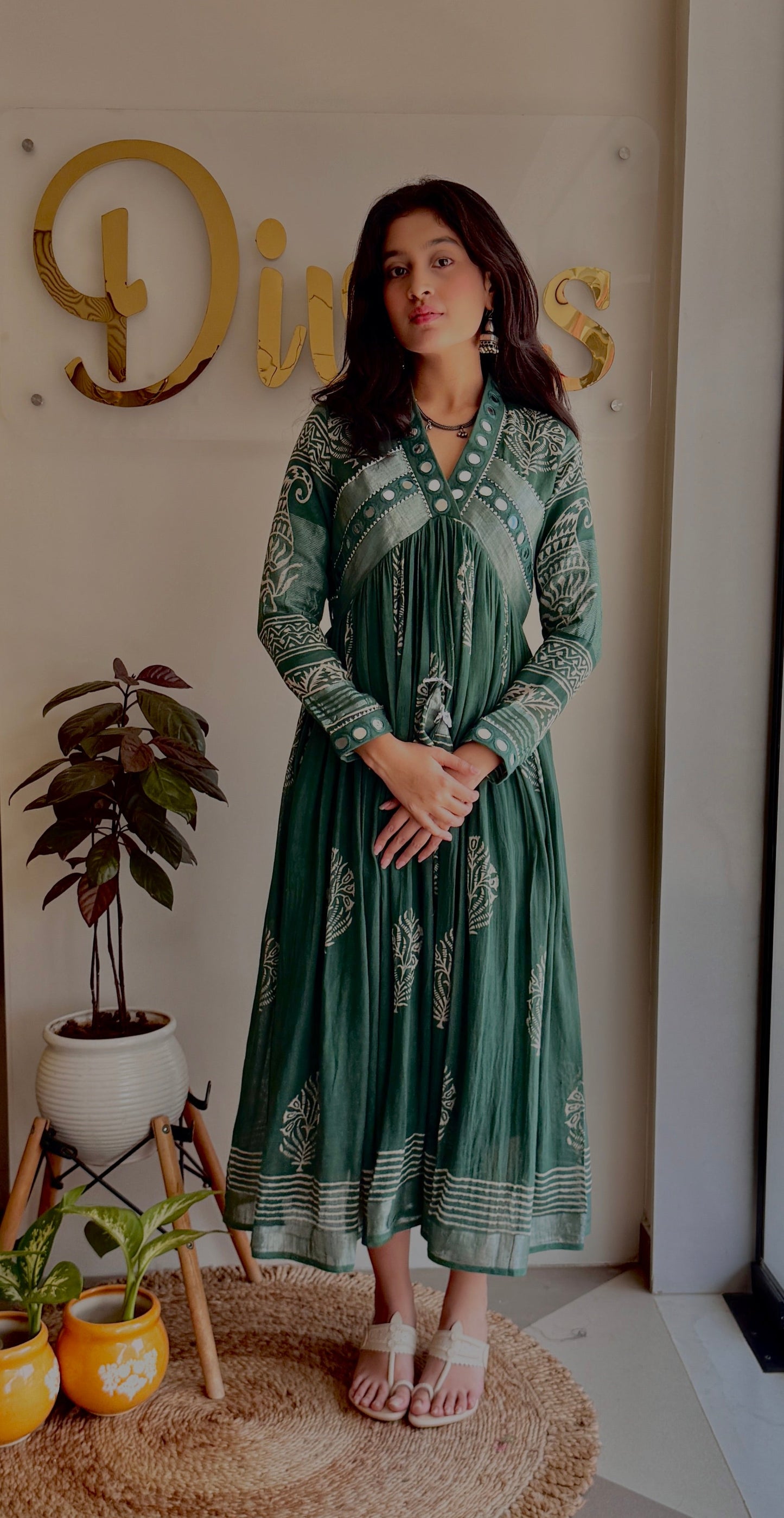 Vanya Sage Green Mirror Work Dress