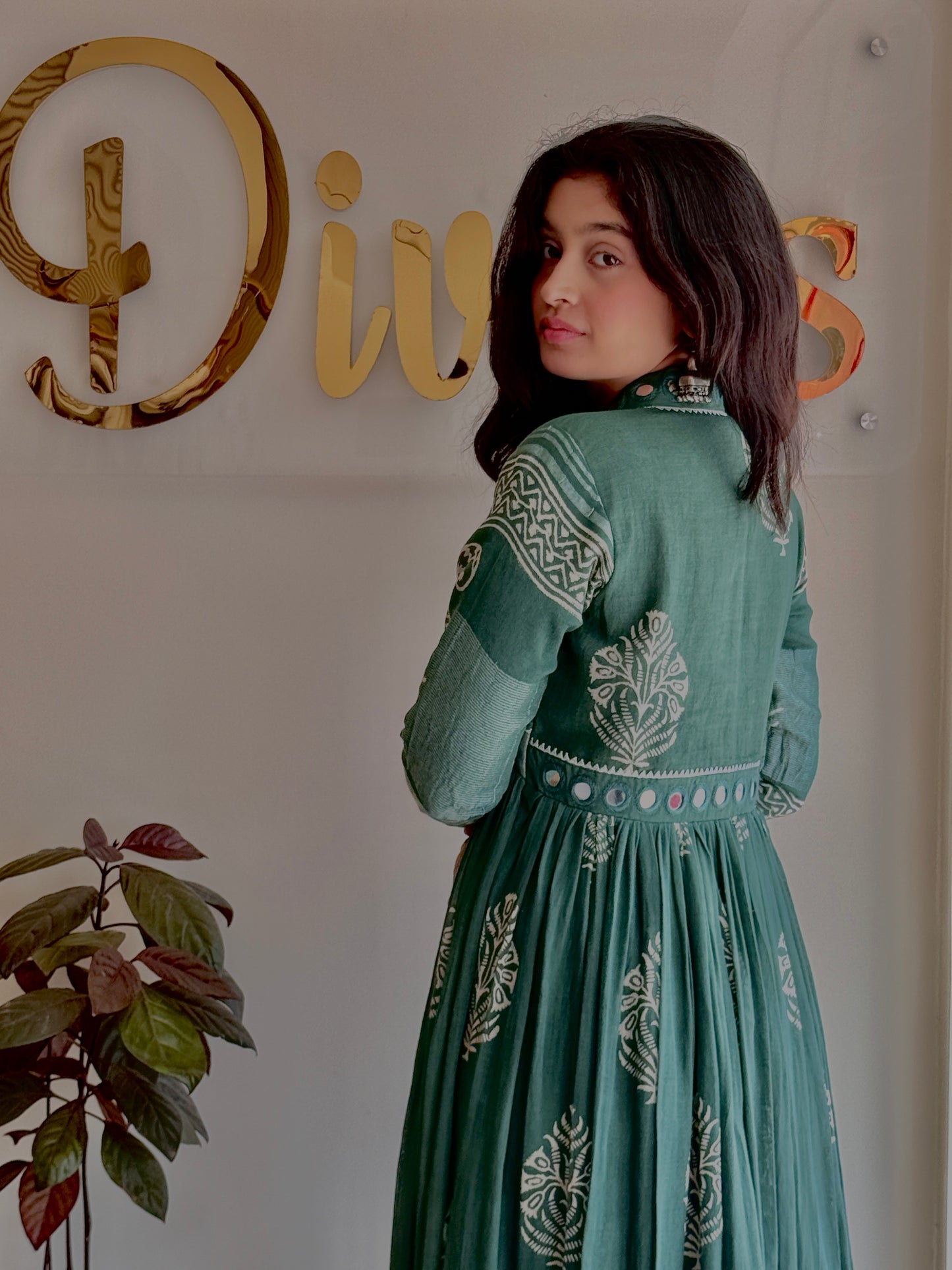 Vanya Sage Green Mirror Work Dress