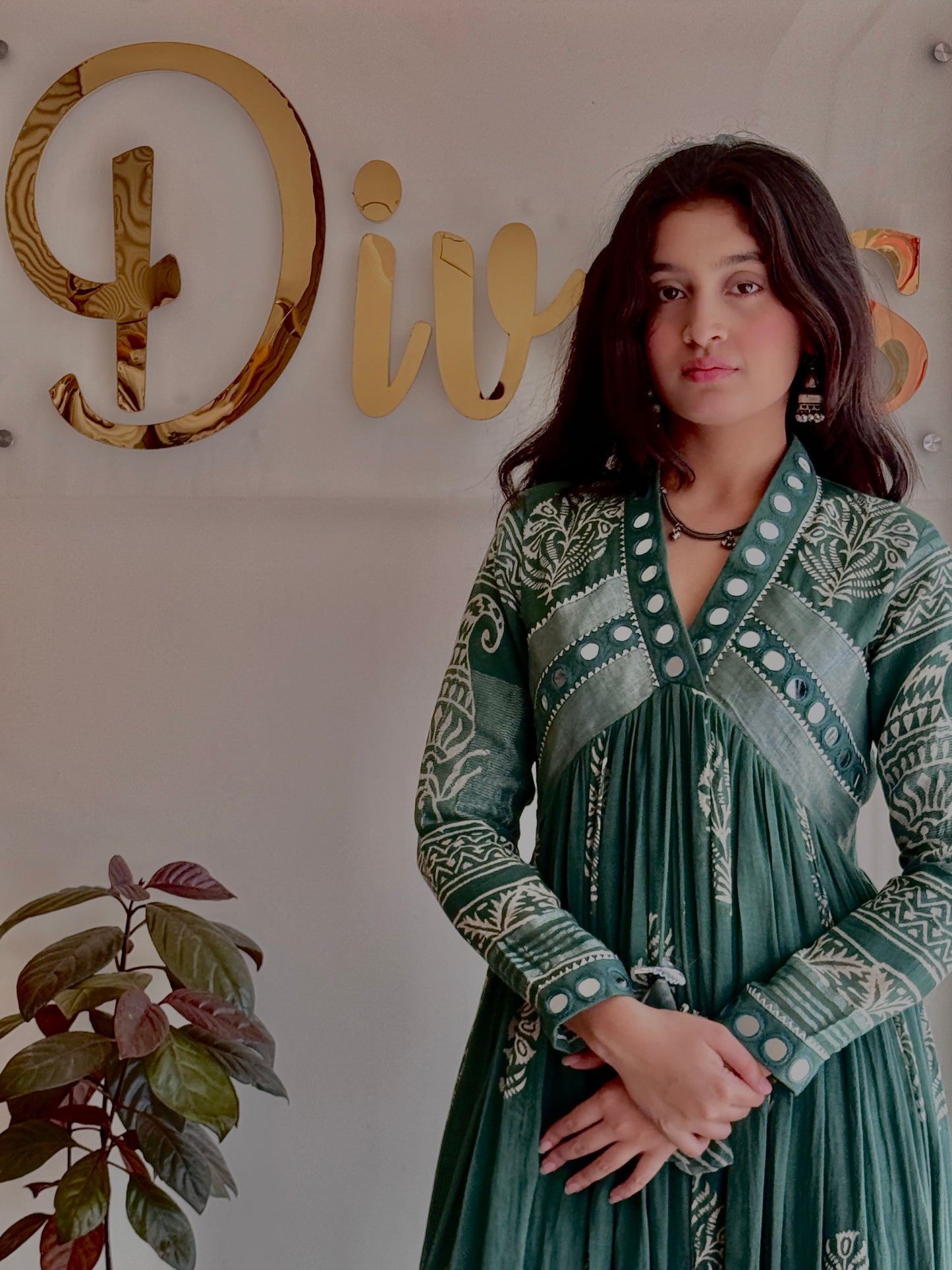 Vanya Sage Green Mirror Work Dress