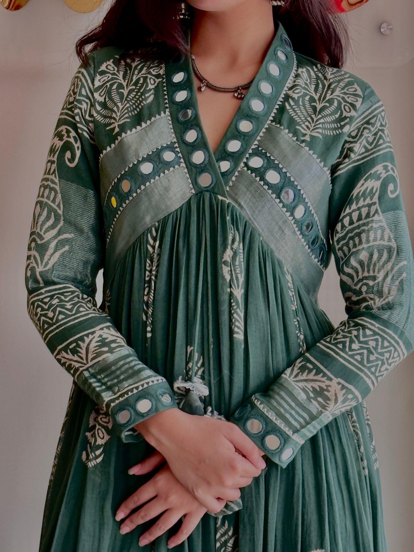 Vanya Sage Green Mirror Work Dress